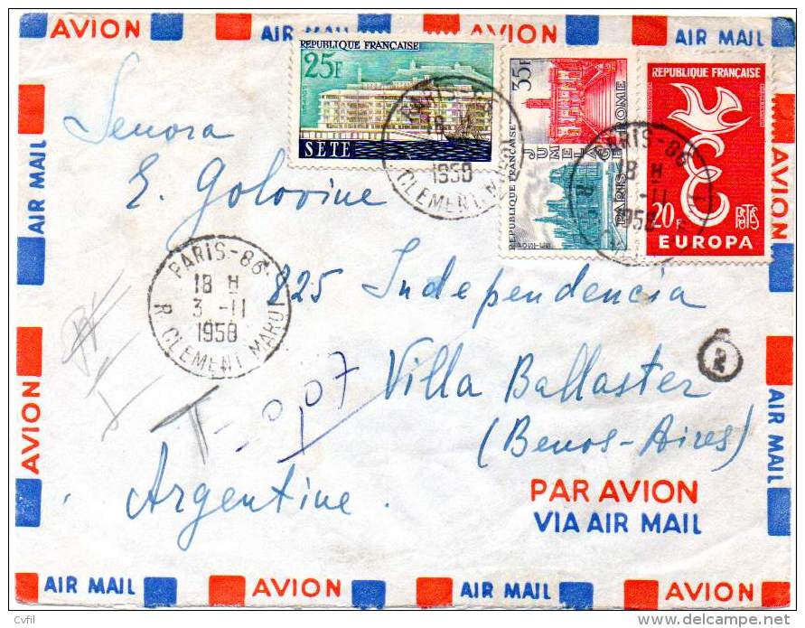 FRANCE 1958 - Taxed Air Cover With EUROPA Issue From Paris To Buenos Aires - Covers & Documents