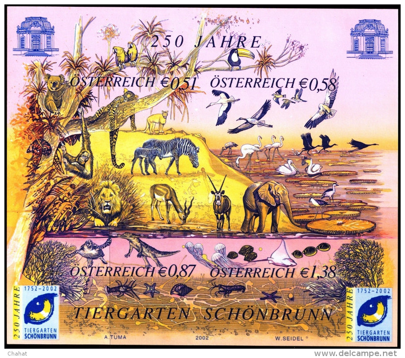 BIRDS-GREATER FLAMINGOS & ZOOLOGICAL GARDEN-IMPERF COLOR PROOF WITH MS-AUSTRIA-2002-RARE-MNH-D3-03 - Flamants