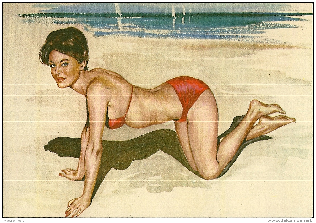 PIN-UP   Illustrata Ragazza Al Mare In Bikini Carponi Sulla Sabbia - Pin-Ups