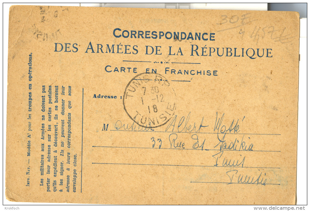 CPFM 1918 - De Rennes Pour Tunis RP Tunisie - Carte Franchise - Lettres & Documents