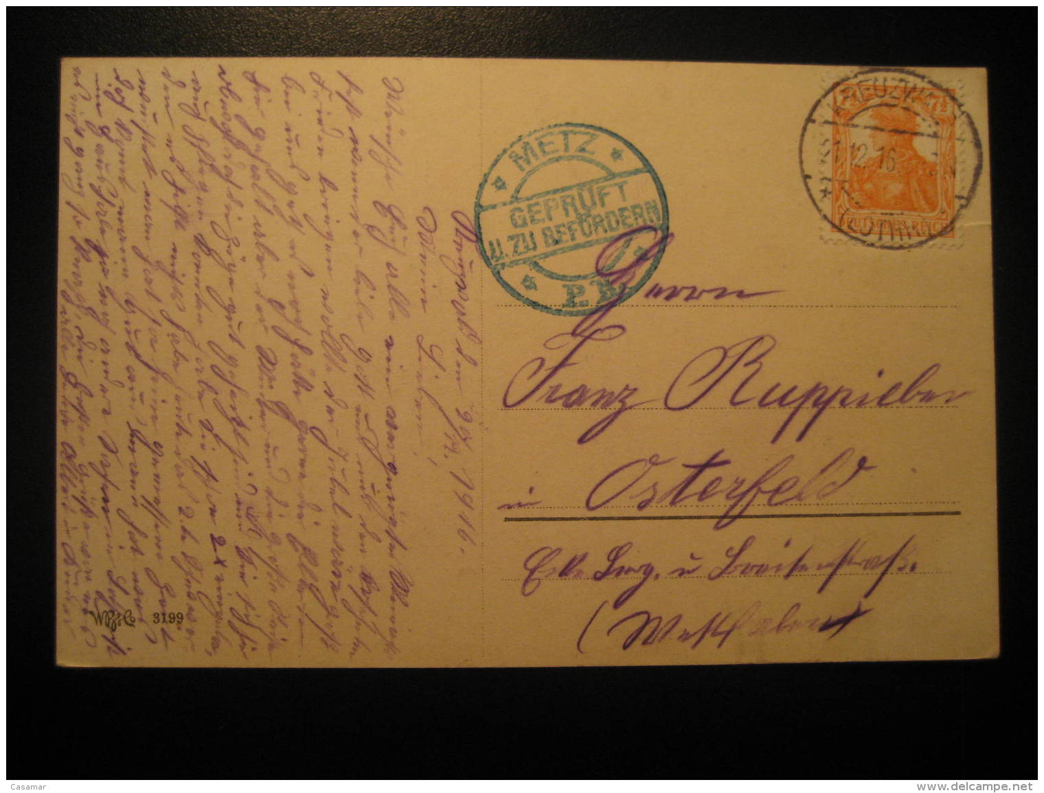 1916 KREUZWALD Lothringen To Osterfeld METZ Gepruft Censor Censored Cancel WW1 Militar Post Card Germany Deutsches Reich - Briefe U. Dokumente