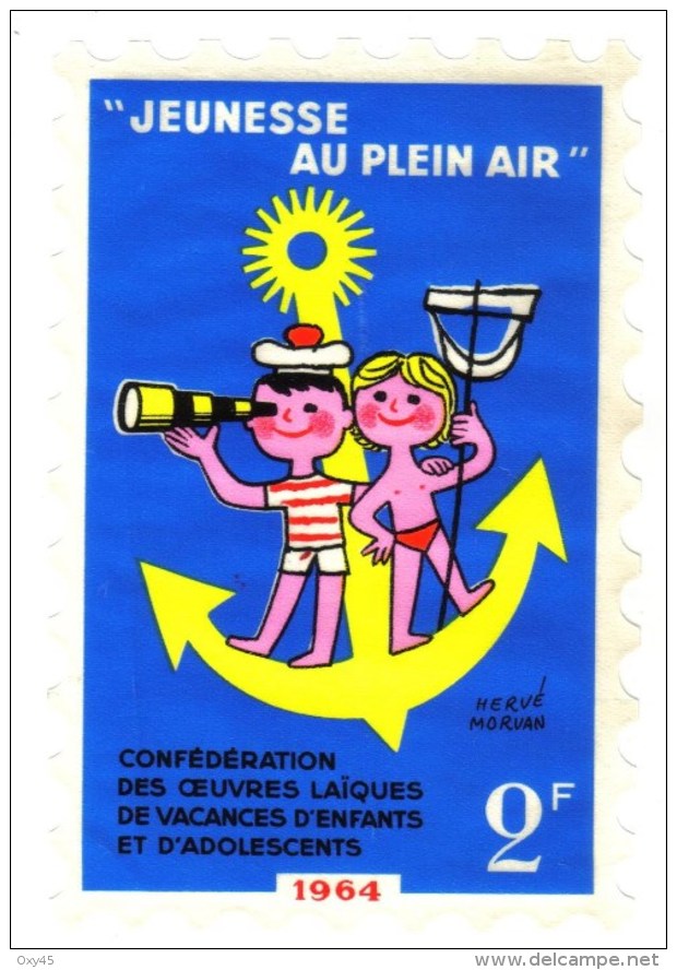 Grand Timbre Vignette Jeux En Plein Air 1964 Signé Hervé Morvan - Sport
