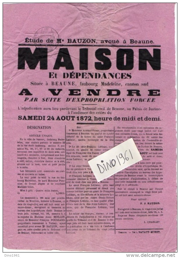 VP4299 - Affiche - Vente D'une Maison & Dépendances Située à BEAUNE , Faubourg Madeleine - Manifesti