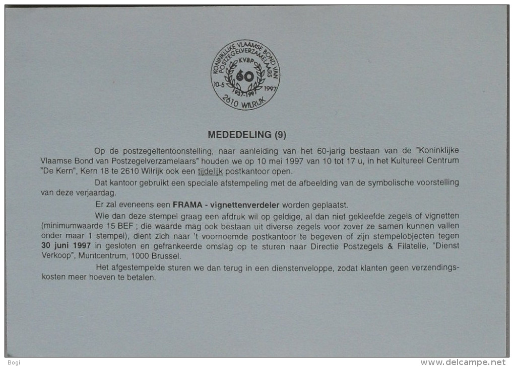 België 1997 Postdienst - 2610 Wilrijk - 60 Jaar Koninklijke Vlaamse Bond Van Postzegelverzamelaars - Dépliants De La Poste