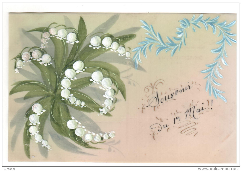 CPA CELLULOID FLEURS MUGUET 1 ER MAI SOUVENIR PEINTE A LA MAIN - Autres & Non Classés