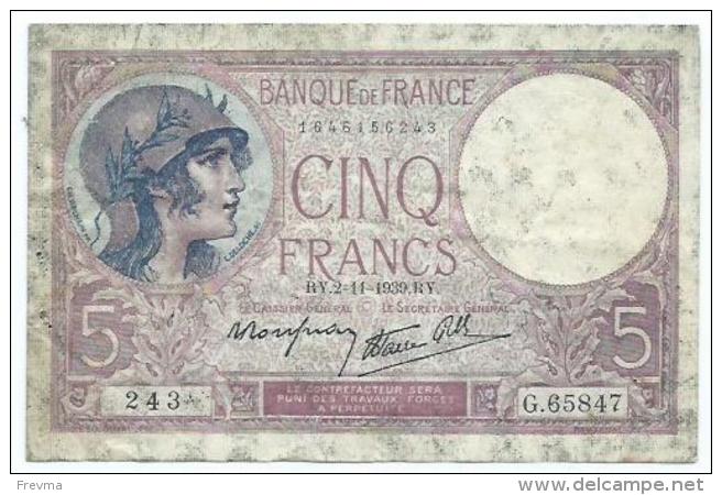 Cinq Francs -violet RY.2=11=1939 RY - 5 F 1917-1940 ''Violet''