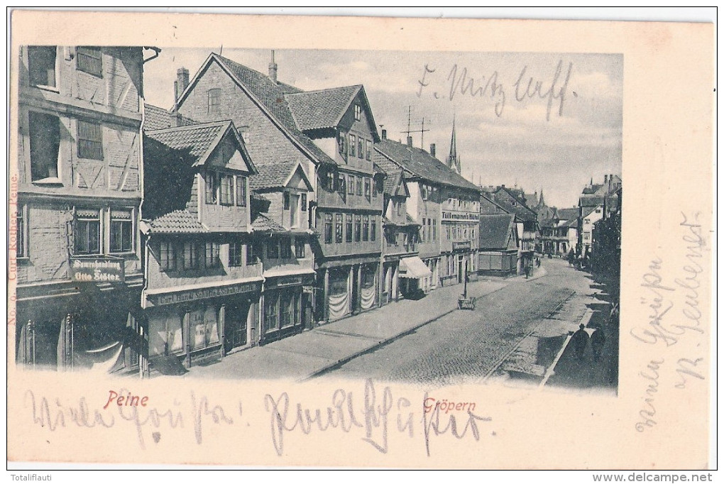 PEINE Gröpern Samenhandlung Otto Stöter Carl Hundt Schäfte & Schuh Fabrik TÜLLMANNS Hotel Bahnpost ZUG 308 11.7.1904 - Peine