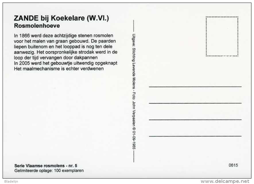 ZANDE Bij Koekelare (W.Vl.) - Molen/moulin - Prentkaart Van De Rosmolen. Historische Opname Uit 1985 - Koekelare