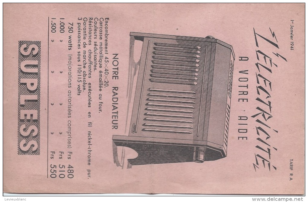 Radiateur Electrique / SUPLESS/ Tarif / 1941    GEF61 - Electricidad & Gas