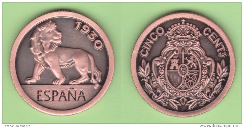 SPAIN  King Alfonso XIII 5 Céntimos  1.930  Cy 16654c  Aledón 130.PM2  Réplica  Cobre  SC/UNC  T-DL-11.736 - Prove & Riconi