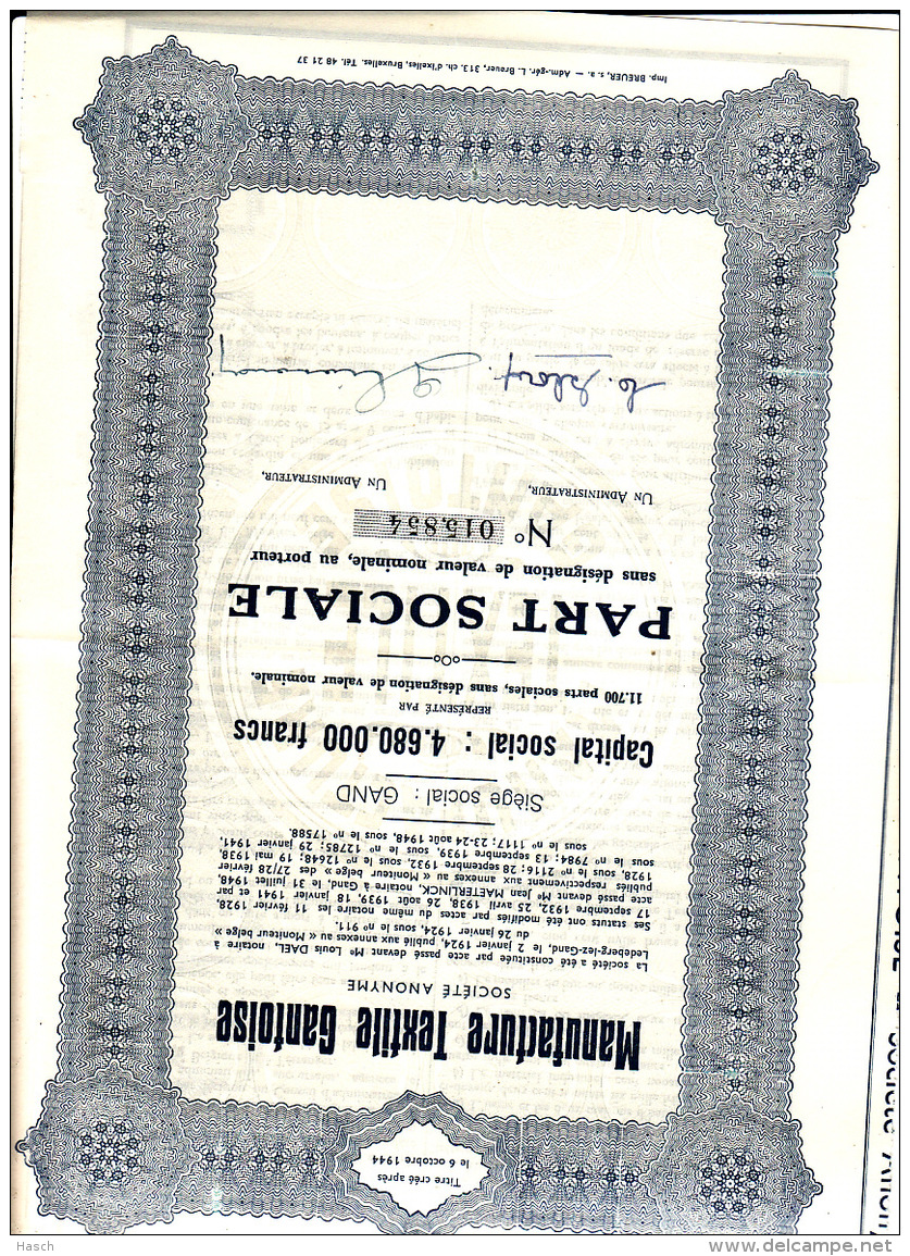 44. Belgique Manufacture Textile Gantoise S.A. , Part Sociale Sans Désignation De Valeur Nominale, Au Porteur - Autres & Non Classés