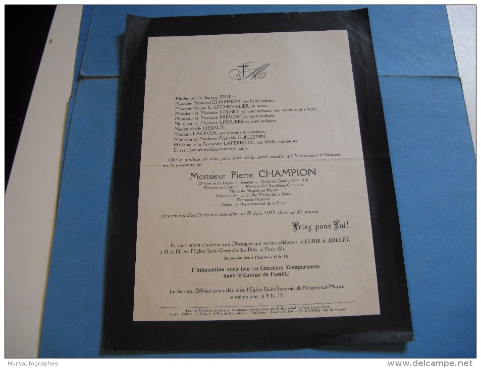 RARE FAIRE-PART DE DECES DE L'HISTORIEN PIERRE CHAMPION 1942 MEDIEVISTE NOGENT/ MARNE VICHY LYAUTEY GONCOURT - Overlijden