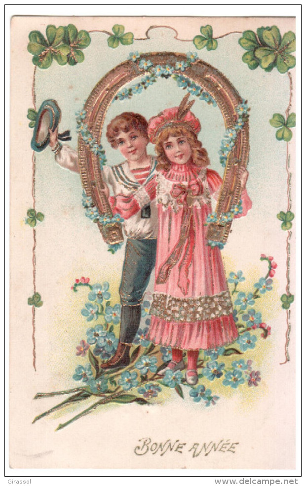 CPA GAUFFREE ENFANTS COUPLE FER A CHEVAL TREFLES PORTE BONHEUR BONNE ANNEE 1907 - Dessins D'enfants