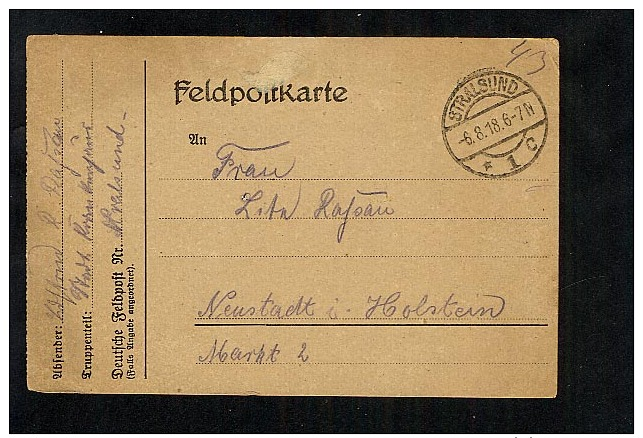 Germany 1918 Feldpost Karte Military Field Post Postcard Stralsund (A635) - Briefe U. Dokumente