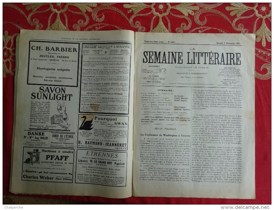 REVUE SEMAINE LITTERAIRE SAMEDI 3 DECEMBRE 1921 GENEVE SUISSE PUBLICITE PHILOSOPHIE LANGAGE PARLER ALSACIEN - Hobby & Sammeln