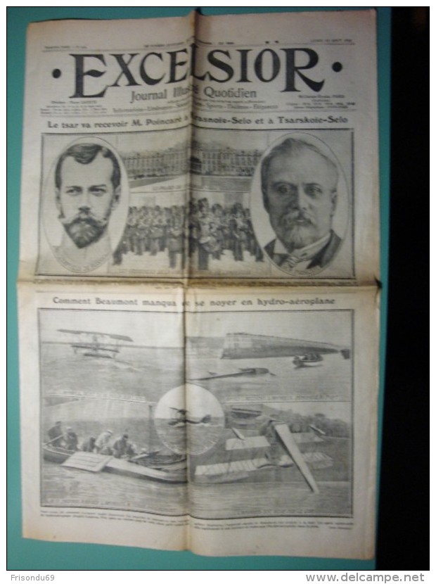 Excelsior 1912 . Comment Beaumont Manqua De Se Noyer En Hydro-aéroplane ; Le Tsar Va Recevoir M Poincaré . - Autres & Non Classés