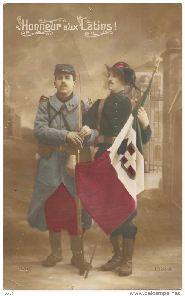 Honneur Aux Latins! - Poilu Et Bersaglier Avec Drapeau Italien - Edition Furia - Carte N°378/1 - Patrióticos