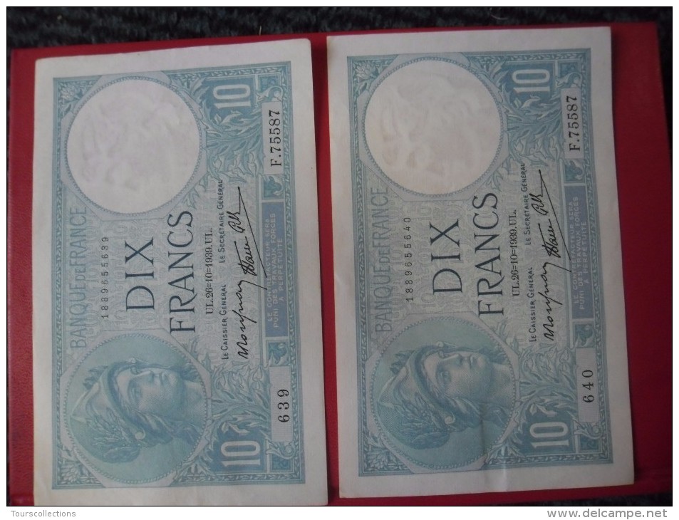 LOT De 2 Billets De 10 Francs MINERVE N° à Suivre Du 26 10 1939 - N°639 Et 640 Alph F. 75587 @ N° Fayette : 7.13 - 10 F 1916-1942 ''Minerve''