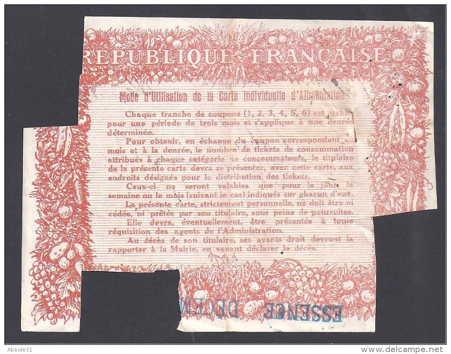 Carte Individuelle D' Alimentation  ( Marseille 1918 ) - Zonder Classificatie