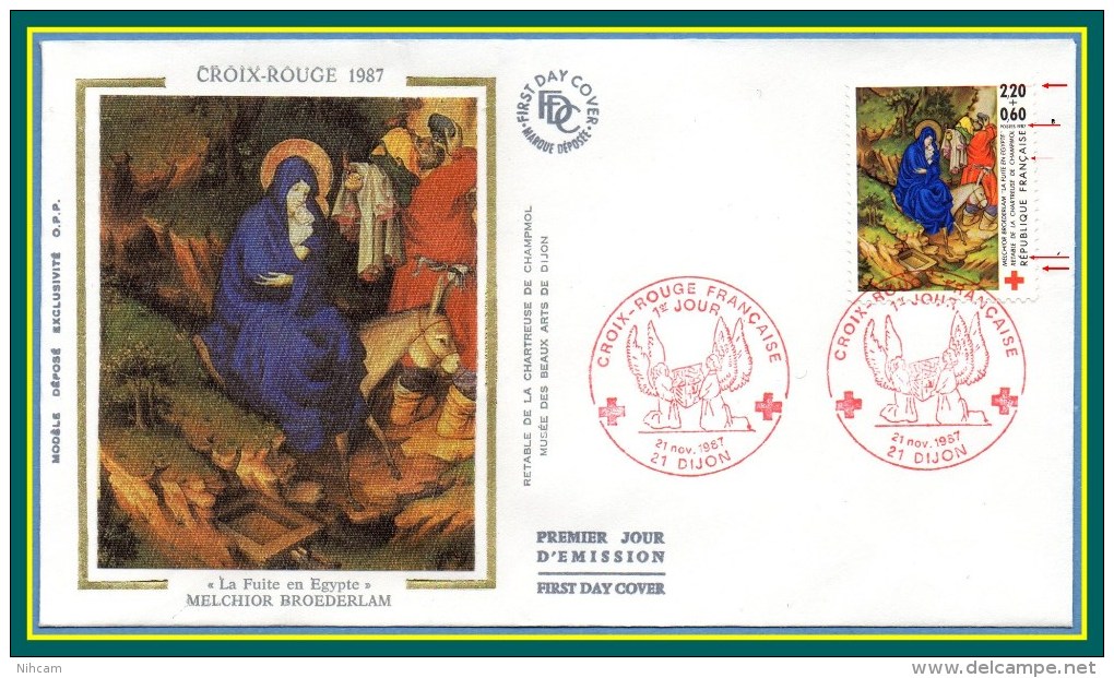 FDC Silk Soie Croix Rouge Dijon 1987 N° 2498 Variété Inscriptions Décalées &#8593; +..voir - Covers & Documents