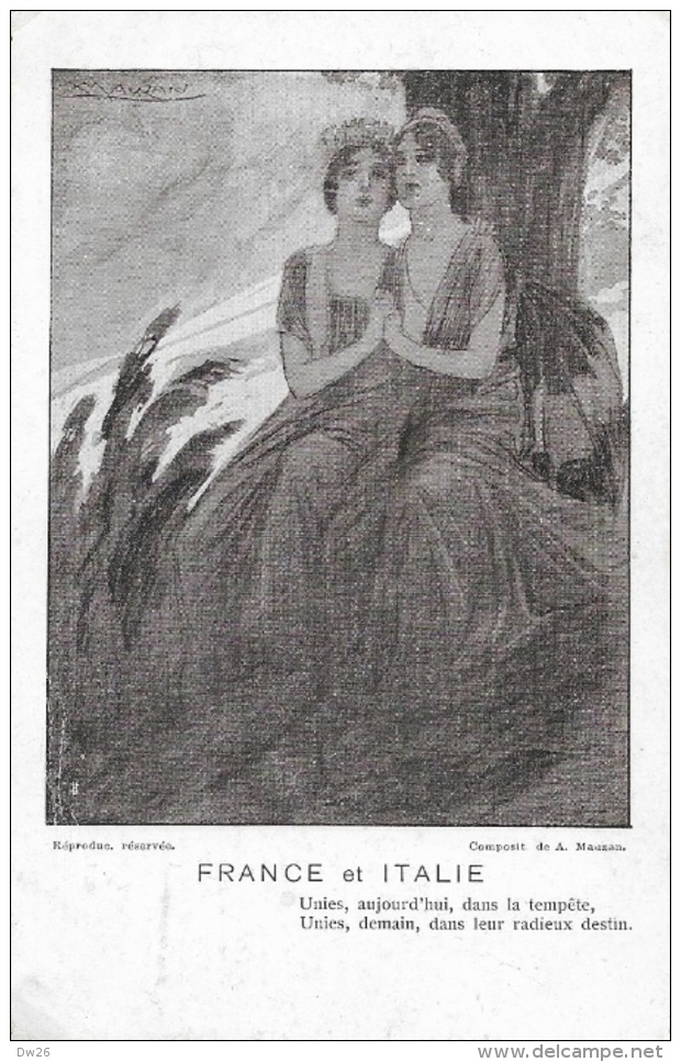 France Et Italie - Unies Aujourd'hui Dans La Tempête - 2 Jeunes Femmes - Illustration Signée Mauzan - Patrióticos