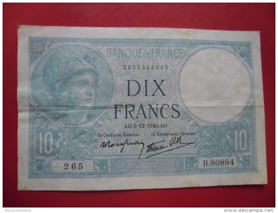 Billet De 10 Francs MINERVE TTB  Du 05 12 1940 - N° 265 Alph. B.80894 @ N° Fayette : 7.23 - 10 F 1916-1942 ''Minerve''