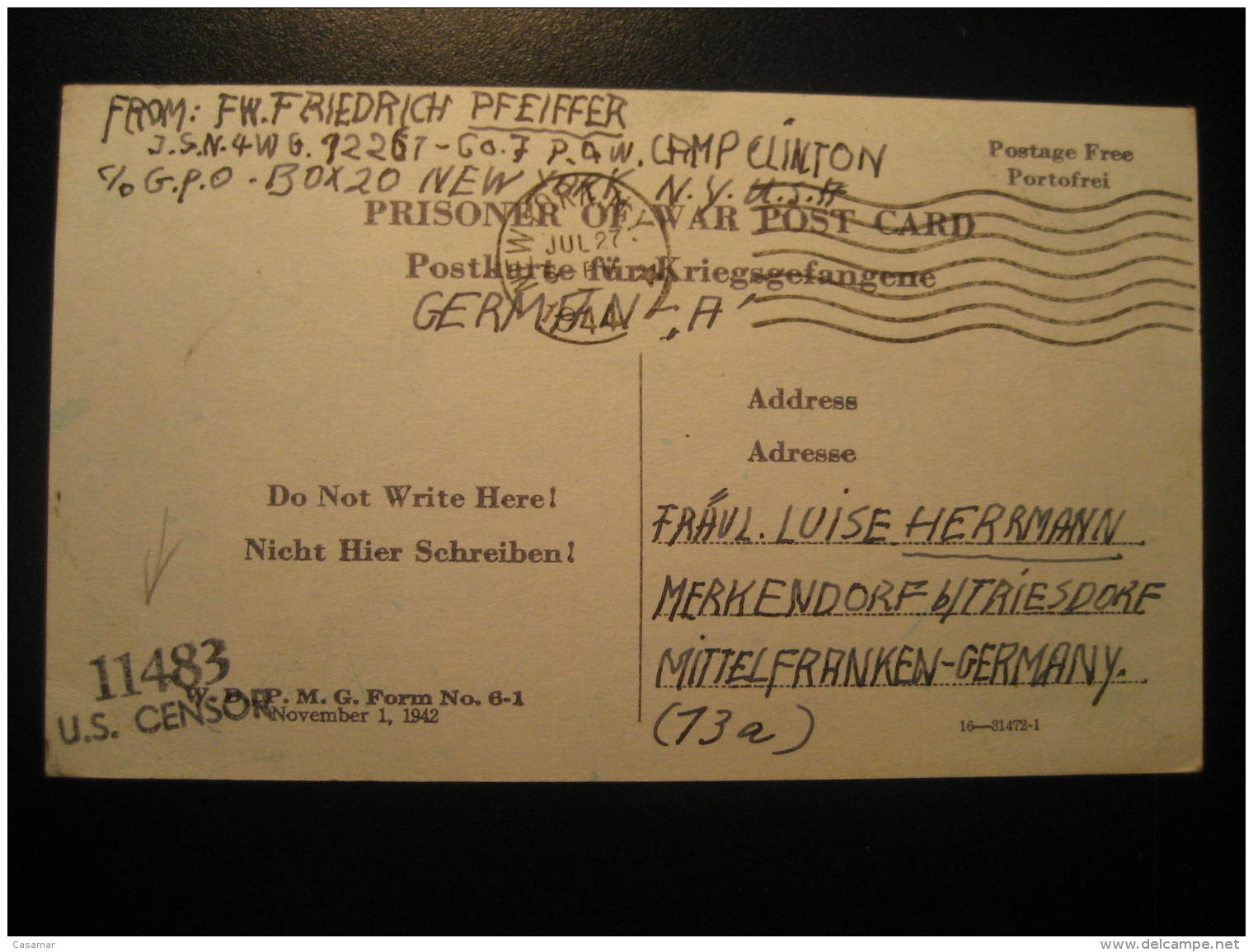 Camp. CLINTON 1944 To Merkendorf Censor Prisonniers De Guerre Prisoner Of War POW Kriegsgefangenenpost Card USA Germany - Lettres & Documents