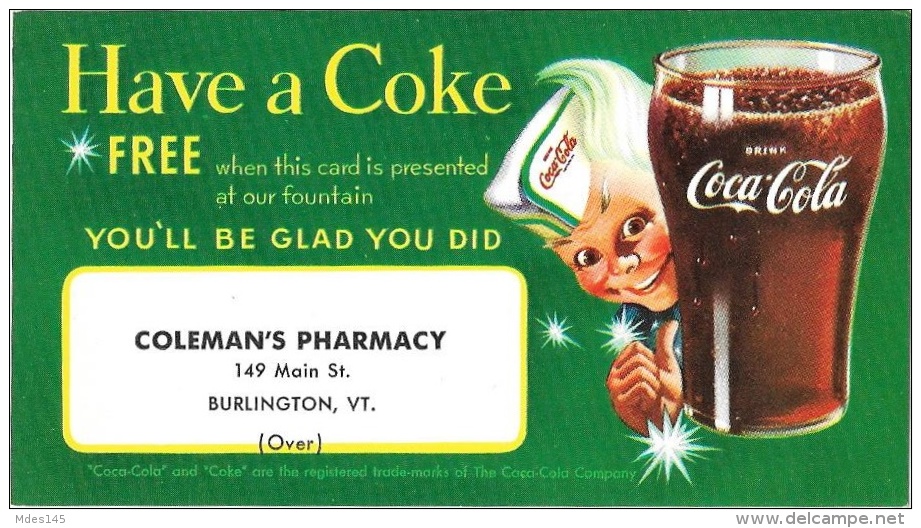 Coca Cola Premium Card Free Coke Colemans Pharmacy Burlington VT Advertisement - Advertising