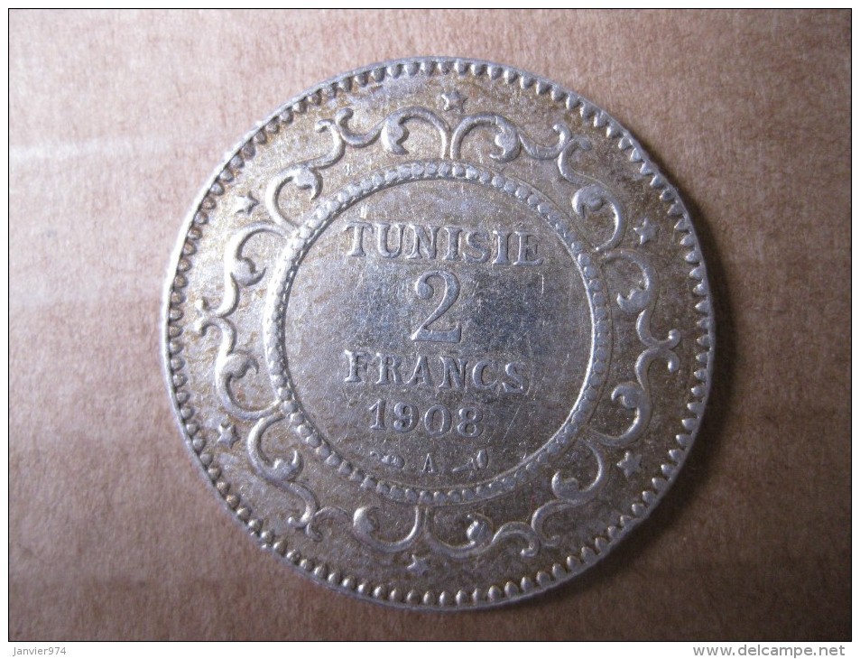 TUNISIE .2 FRANCS 1908 (AH1326)  . ARGENT .KM# 239 - Tunisie