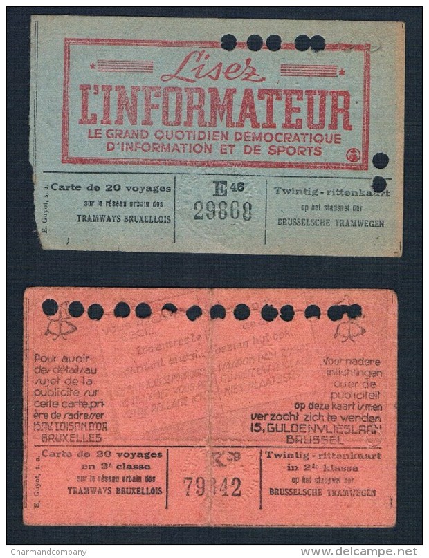 TRAMWAYS 2 Cartes De 20 Voyages Tramways Bruxellois, Mai & Juin 1945, Pub L'Informateur - 2 Scans - Europe