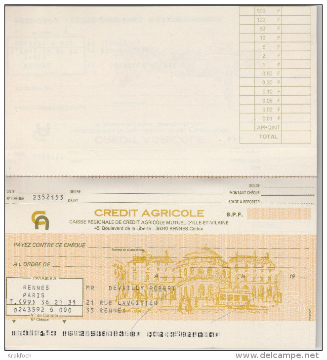 Chéquier Crédit Agricole 35 Rennes - 1978 - Cheques & Traveler's Cheques