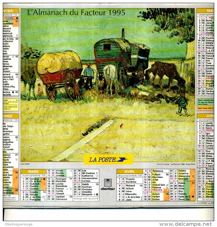 CALENDRIER DU FACTEUR 1995 ALMANACH  PEINTURE VAN GOGH CHATEAU DE CARDEVILLE CHAUMIERE LES ROULOTTES - Grand Format : 1991-00