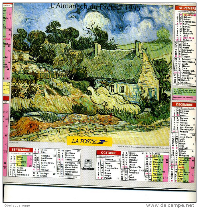 CALENDRIER DU FACTEUR 1995 ALMANACH  PEINTURE VAN GOGH CHATEAU DE CARDEVILLE CHAUMIERE LES ROULOTTES - Big : 1991-00