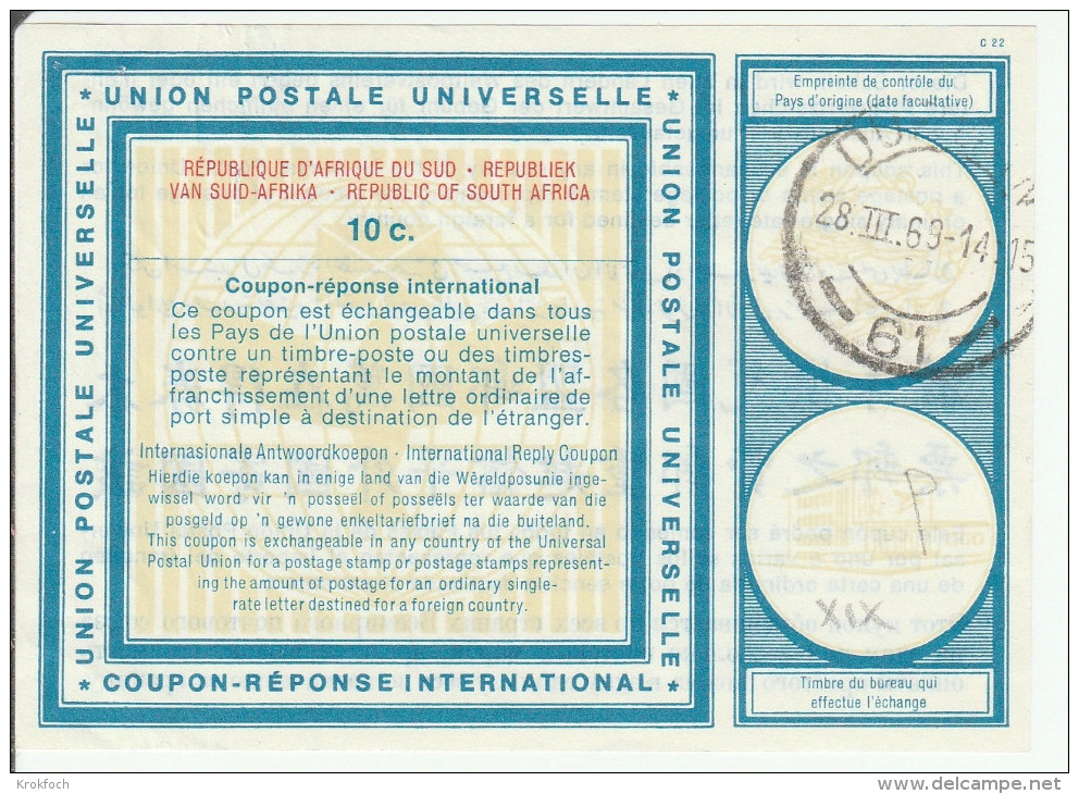 Coupon Réponse RSA South Africa -  Modèle Vienne 19 - Reply IRC CRI IAS - 10 Cents - Durban 1969 - Lettres & Documents