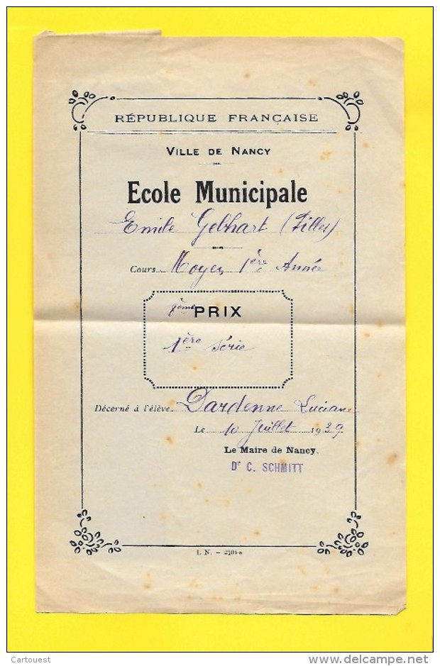 NANCY Ecole Municipale 1939 Emile GEBHART  ( F ) Cours Moyen 1er A Le Maire Dr C Schmitt - Diplomas Y Calificaciones Escolares