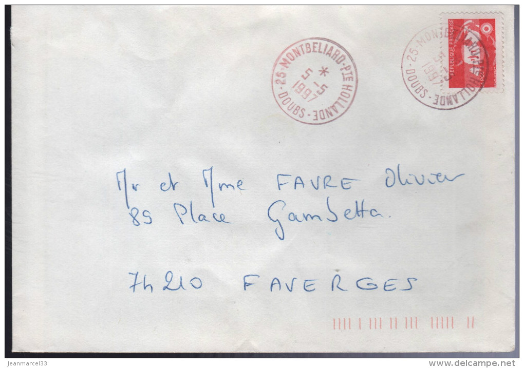 Lettre De 25-Montbeliard-Pte Hollande 5 -5 1997 Timbre à Date Frappé En Rouge - Cartas & Documentos