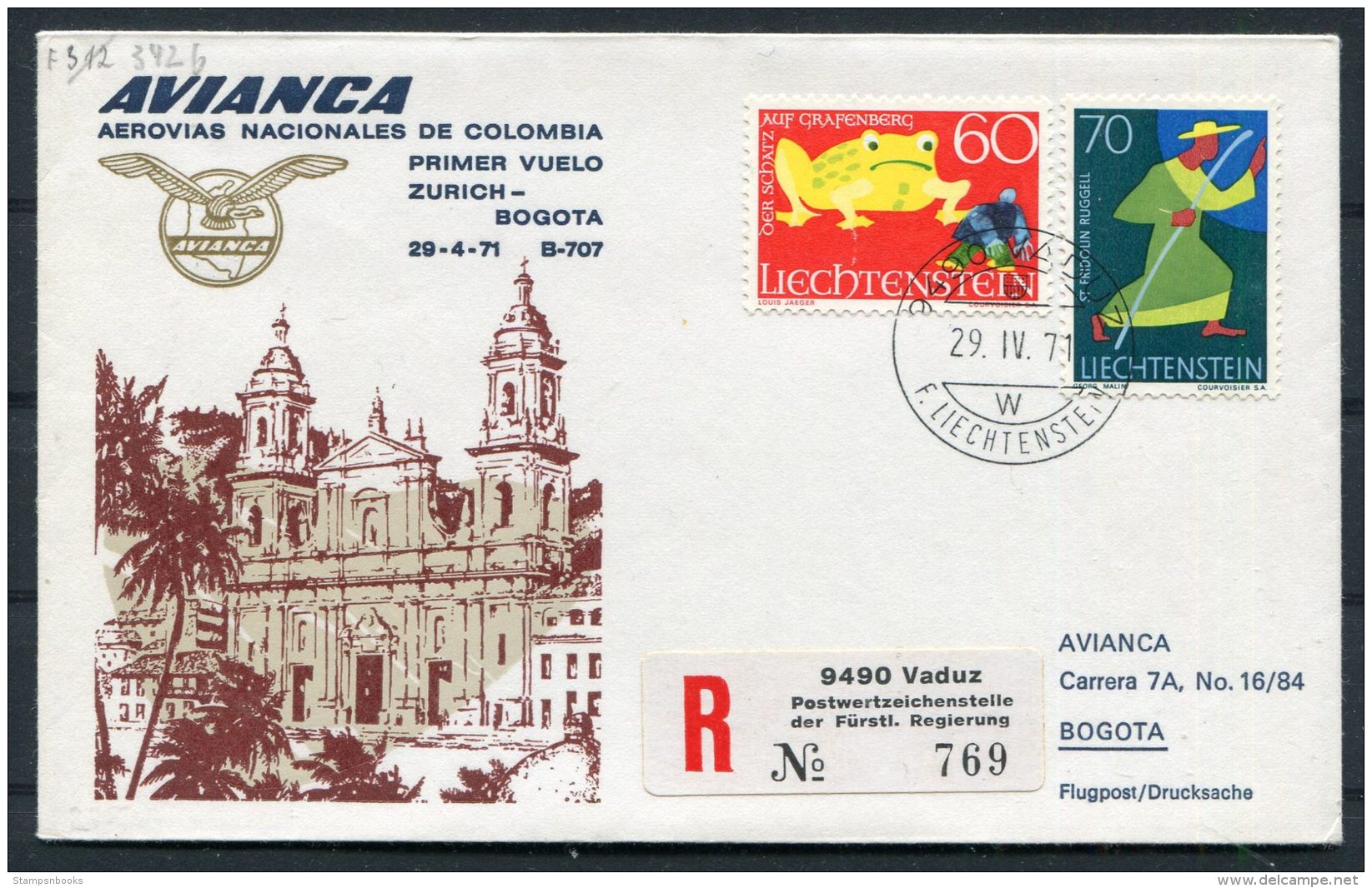 1971 Liechtenstein Vaduz Registered Avianca Zurich - Bogota Colombia First Flight Cover - Briefe U. Dokumente