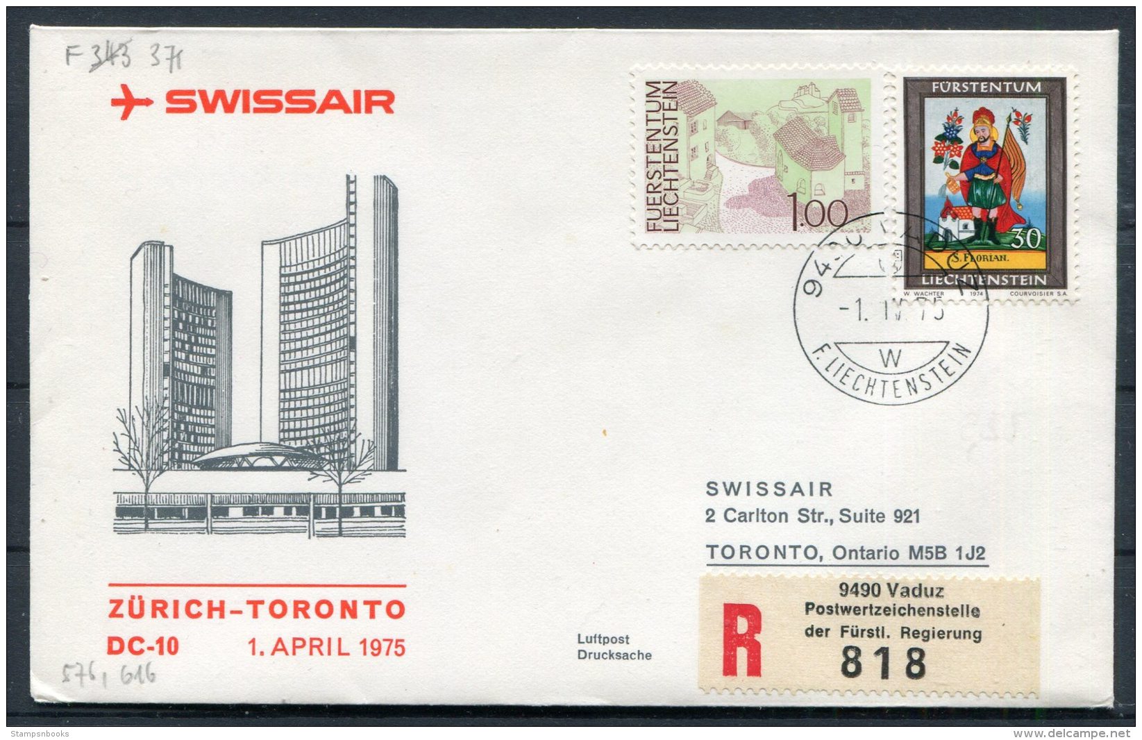 1975 Liechtenstein Vaduz Registered Swissair First Flight Cover Zurich - Toronto, Canada - Covers & Documents