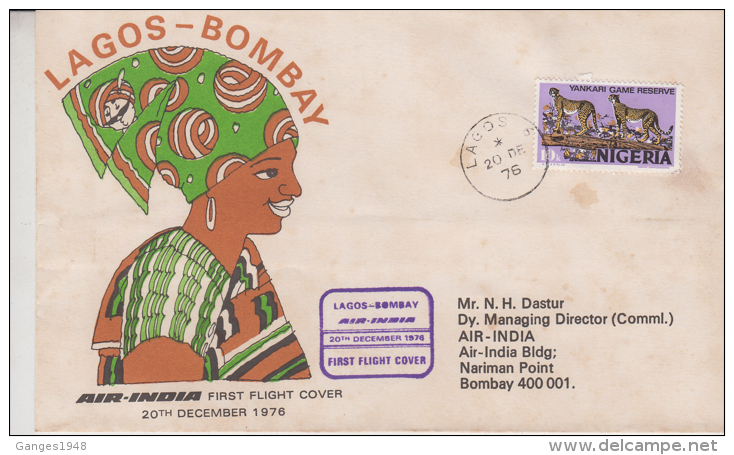 NIGERIA  Cheetah Stamp   LAGOS - BOMBAY  1976  AIR INDIA   F/F  COVER # 90630 Inde Indien - Nigeria (1961-...)