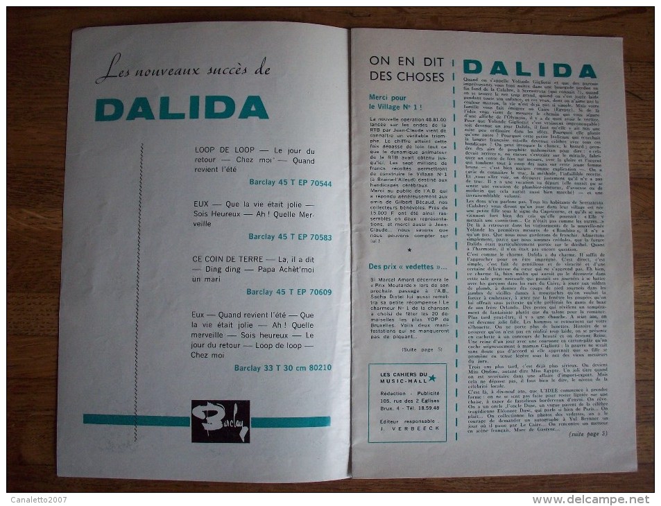 DALIDA:LES CAHIER DU MUSIC HALL-CONCERT DE DALIDA AU PALAIS DES BEAUX ARTS LE 1ER AVRIL 1964-PHOTOS - Objets Dérivés