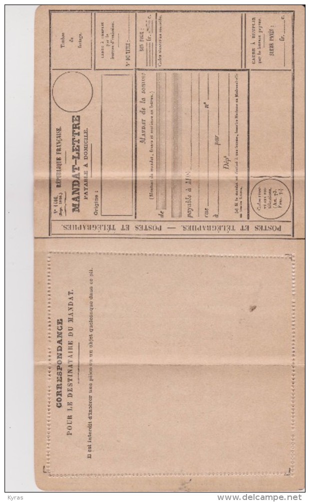 Formulaire De MANDAT LETTRE Payable à Domicile  ( Fermé 8,5 X 12,5  /  Ouvert : 12,5 X 22,5  ( Vierge De 1920) - Non Classés