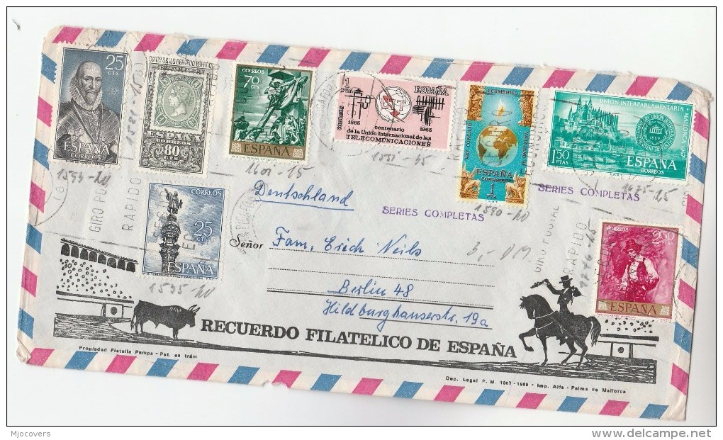 1970 Air Mail SPAIN COVER Stamps STAMP ON STAMP,  ITU TELECOM, ART, PARLIAMENT, RELIGION - Stamps On Stamps