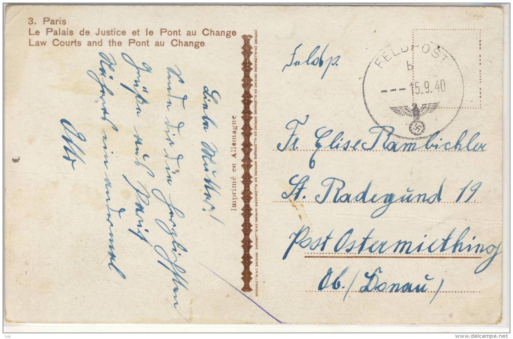 PARIS -   FM  1940, Feldpost-Stempel - Le Palais De Justice Et Le Pont Au Change - Ponti