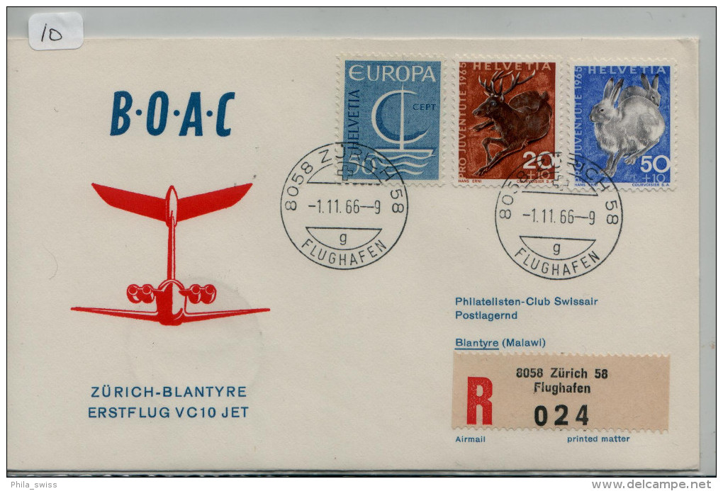 .SWISSAIR B.O.A.C. ERSTFLUG VC 10 JET. ZÜRICH - BLANTYRE/MALAWI 1.11.66. Zu. J 214+ J 212+CEPT 444 (10) - First Flight Covers