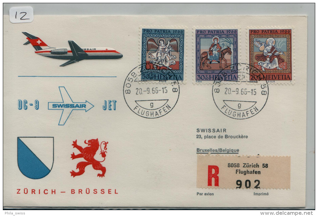 Einschreiben. SWISSAIR DC-9 JET ZÜRICH - BRÜSSEL 20.9.66. Zu. B 130+131+132 (12) - Primi Voli