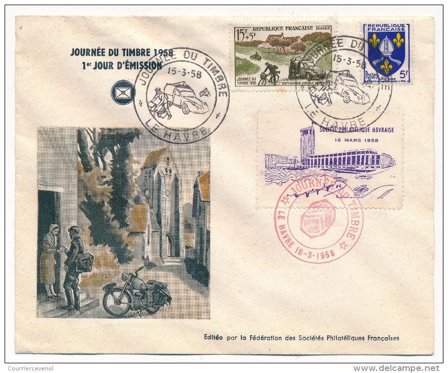 Enveloppe Fédérale - Journée Du Timbre 1958 - LE HAVRE + VIGNETTE Société Philatélique Havraise - Tag Der Briefmarke
