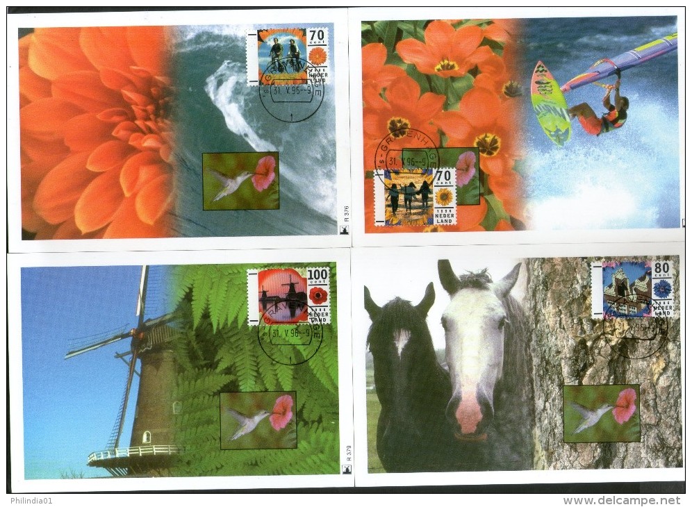 Netherlands 1996 Vacations Horse Flowers Windmills Beach Set Of 4 Max Cards # 48 - Other & Unclassified