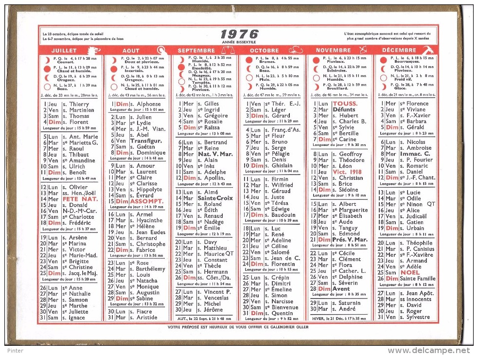 CALENDRIER 1976 - Format 29 X 21.5 Cm - Grand Format : 1971-80