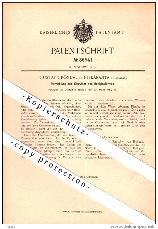 Original Patent - Gustaf Gröndal In Pitkäranta / Pitkjaranta , 1895 , Hohlglas , Glas , Russland , Finnland !! - Historical Documents