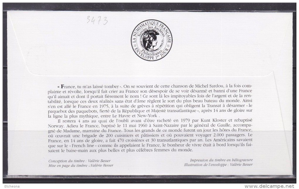 = Le Siècle Au Fil Du Timbre Les Transports 1er Jour Paquebot Le France Paris 23 3 2002 Cachet La 2CV, Timbre 3473 - 2000-2009